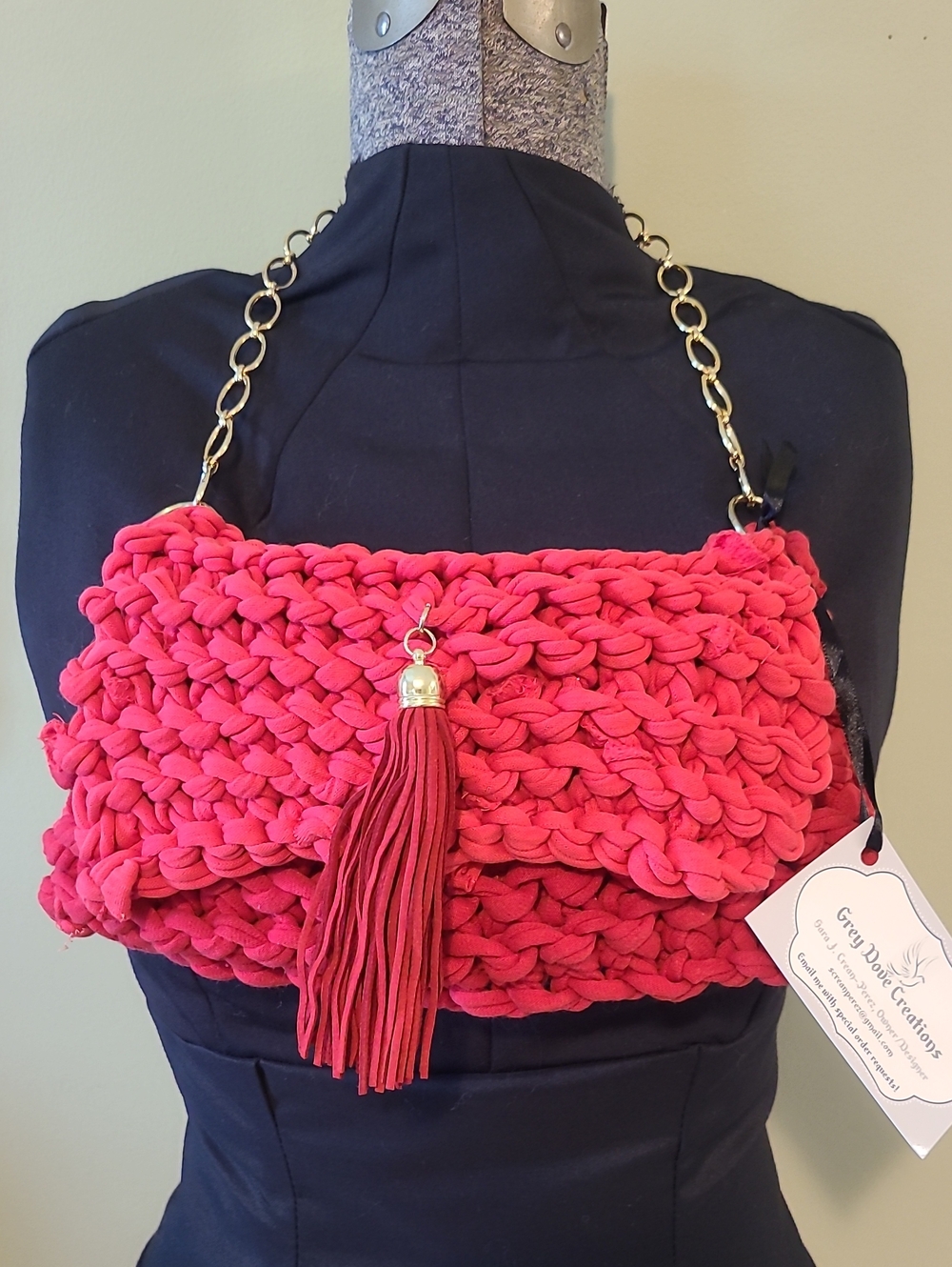 Handcrafted Red Knit Tassel Shoulder Bag by Grey Dove Creations